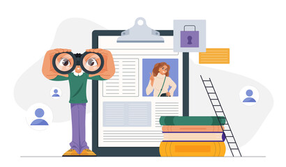 HR evaluates job candidate. Man with binoculars near woman resume. HR manager at workplace. Headhunting and recruitment, employment and hiring. Flat vector illustration