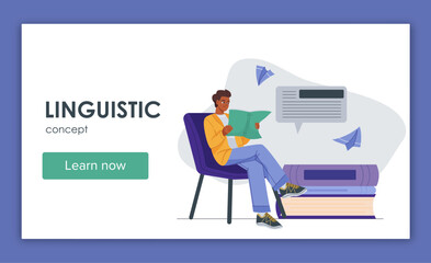 Linguistic man poster. Young guy with book in hands. Education and learning. Student learning English language. Linguist with textbook. Landing page design. Flat vector illustration