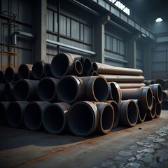 Metal pipes stacked in a warehouse