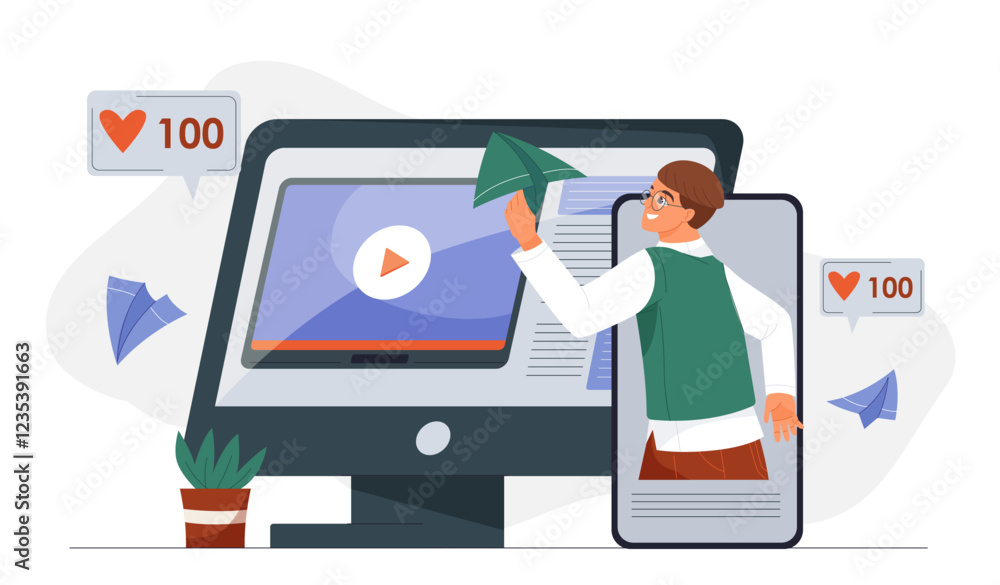Poster marketing content strategy. man on smartphone screen with paper plane in hands. smm and content crea