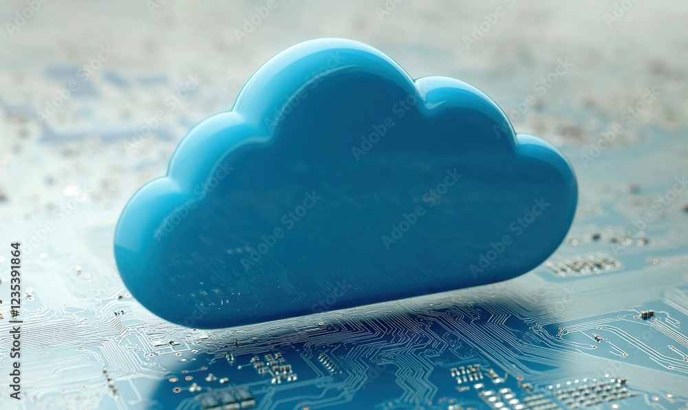 Poster blue cloud icon on circuit board symbolizing cloud computing technology