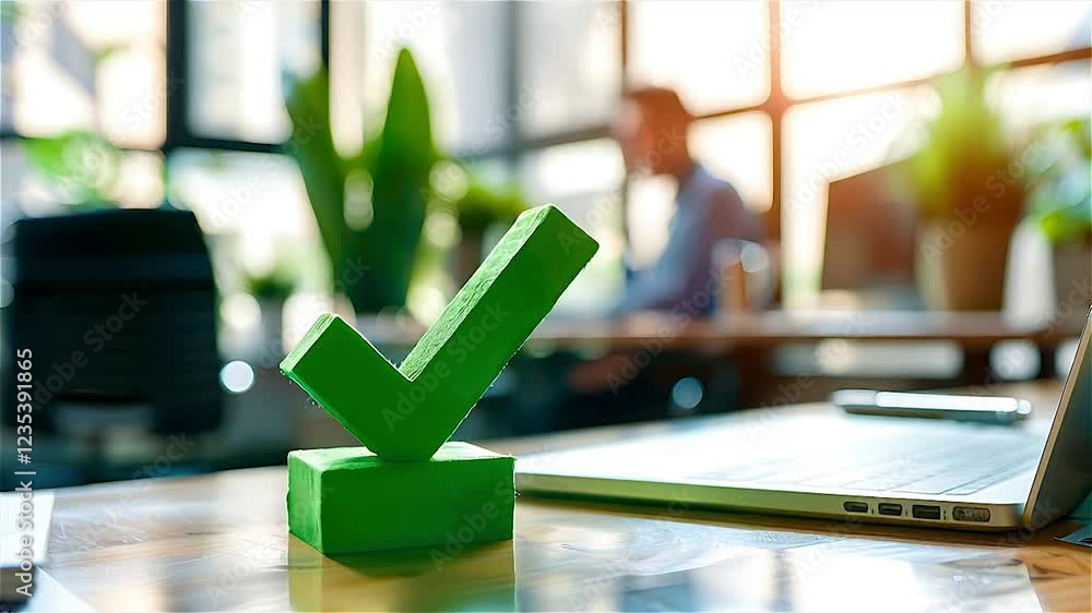Poster check mark with green color in 3d on desk, in the background person working in the office