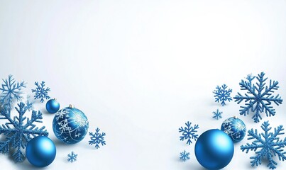 Blue Christmas ornaments and snowflakes on white background for holiday greetings