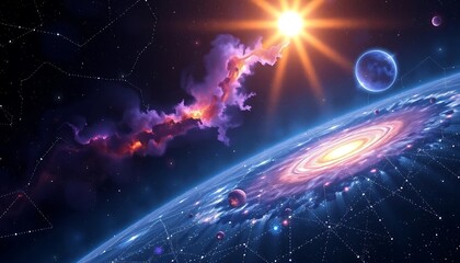 Obraz premium Celestial Bodies Orbiting A Radiant Star Within A Galaxy