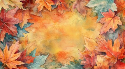 Autumn leaves frame, fall foliage border, watercolor background, Thanksgiving invitation, seasonal design