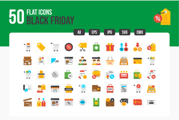Set of 50 Black Friday Flat Icons . Icon Collection. Editable Stroke. Vector Icons