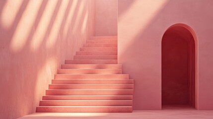 Pink Staircase Ascending Towards Arched Doorway