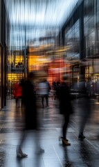 Blurred motion of people walking in a modern city shopping mall with bright storefronts