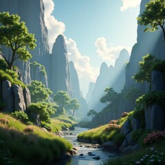 Serene mountain river with lush greenery and towering cliffs