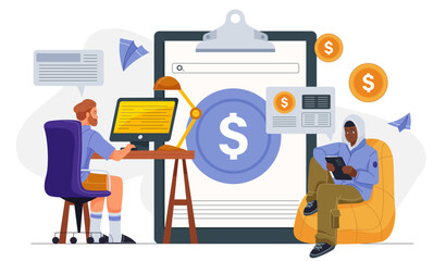 People pay bills online. Men pay bills online. Cashless transfers and transactions, electronic money. Budgeting and accounting. Financial management. Flat vector illustration