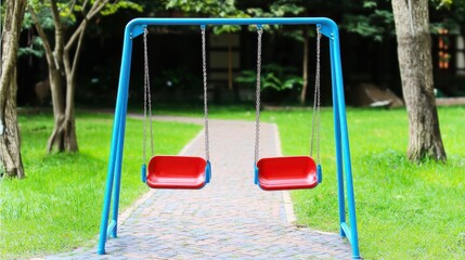 Colorful Playground Swings in a Green Park Setting Surrounded by Trees and Pathway for Outdoor Fun