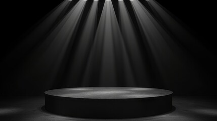 Dark Stage Illuminated By Spotlights Awaiting Presentation