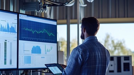 A renewable energy consultant analyzing efficiency metrics of solar inverters at a solar energy facility, with inverters and data analytics screens visible, Solar inverter efficiency analysis scene
