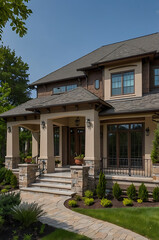 Obraz premium Luxury House Exterior: Modern Architectural Design with Stone Facade and Landscaped Garden