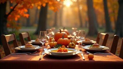 Autumnal feast, with pumpkin soup and biscuits, under a canopy of golden leaves