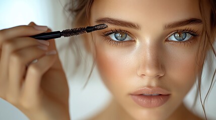 Obraz premium Close Up Portrait Of A Young Woman Applying Makeup, Soft Lighting, Gold Glitter Accents