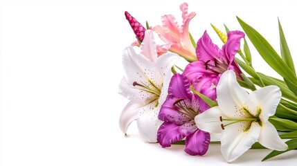 Beautiful Arrangement of Colorful Lilies and Fresh Flowers against White Background