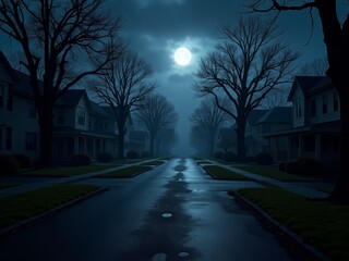 A serene, moonlit suburban street at night