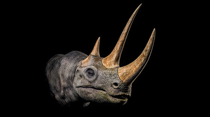 Fototapeta premium Reconstruction of a prehistoric Arsinoitherium head with large double horns isolated on a black background.
