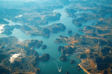 Aerial view of a stunning coastal landscape with islands and turquoise waters during daytime