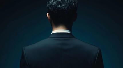 Mysterious Back View of a Man in a Suit Against a Dark Background