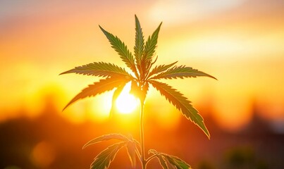 Cannabis plant silhouette at sunset in field, ideal for medical or agricultural themes