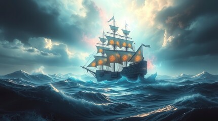 A bold acrylic painting of a pirate ship navigating stormy seas.