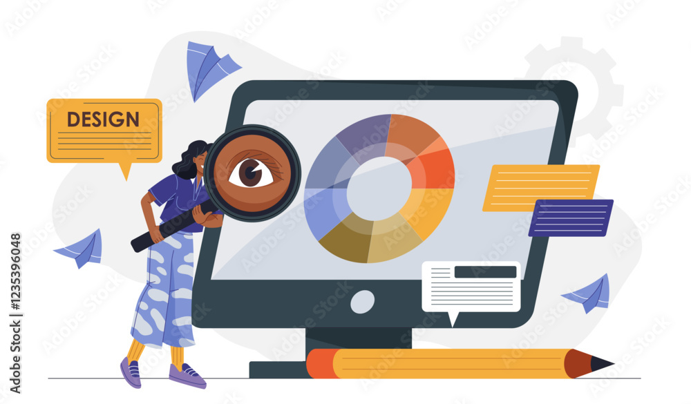 Aufkleber web designer woman. young girl with magnifying glass near computer screen with palette of colors. gr