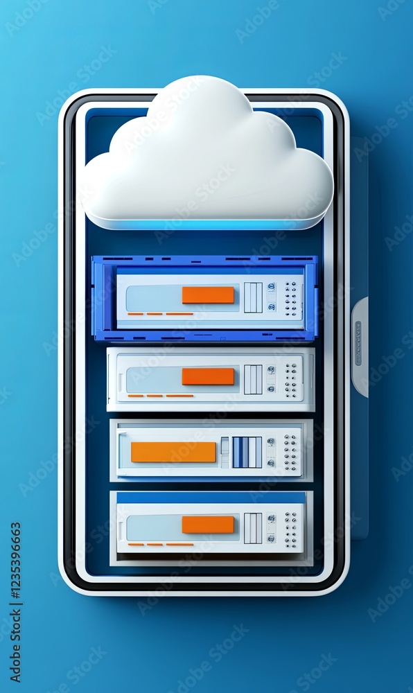 Poster cloud server data center in a smartphone symbolizing mobile cloud computing technology