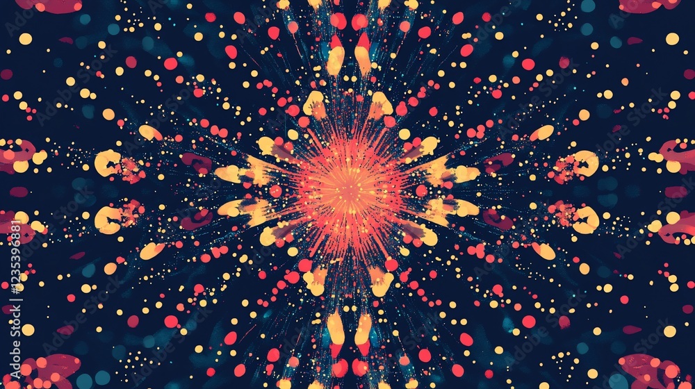 Poster abstract symmetrical pattern with bursts of red and yellow on a dark background