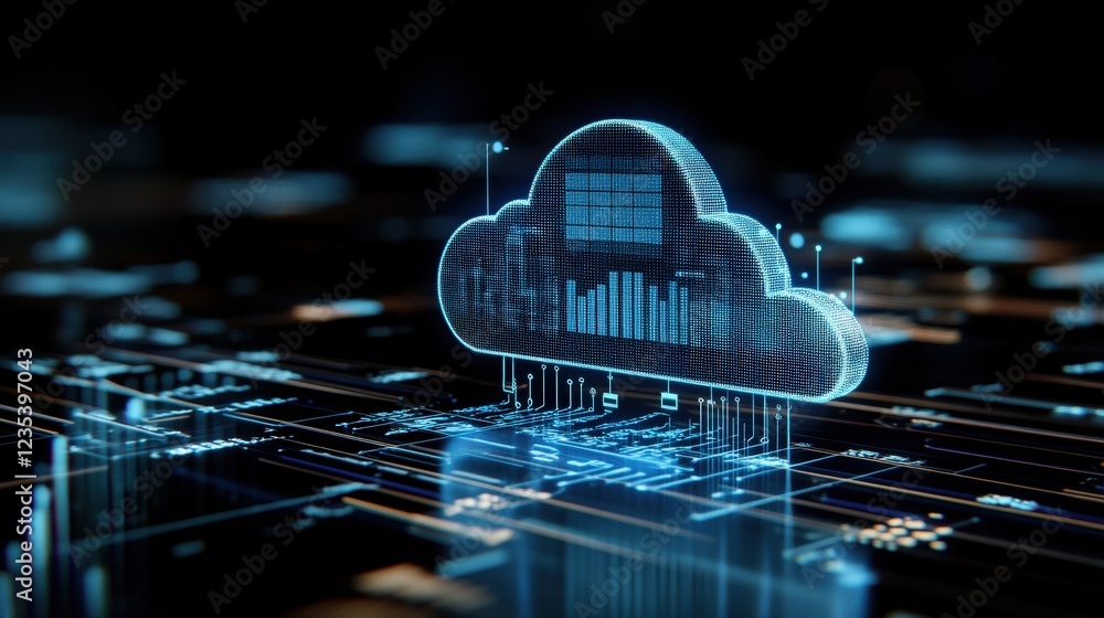 Poster Digital Cloud Storage Concept with Graphical Data Visualization