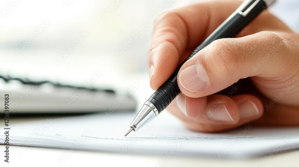 Poster hand holding pen writing on paper with calculator in background