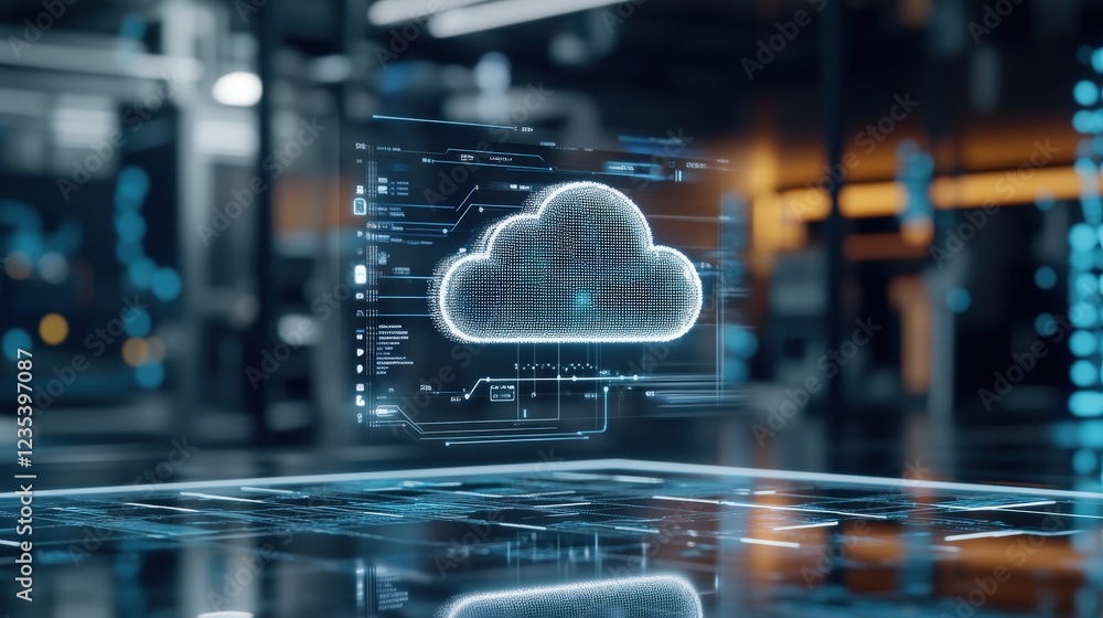 Poster Futuristic Cloud Computing Technology Interface in Modern Workspace
