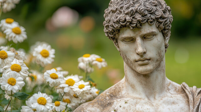 Adonis garden, A statue of the Greek god Adonis set in a lush botanical garden, showcasing high fidelity and intricate details.