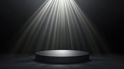 Black Circular Platform Illuminated By Spotlight Rays