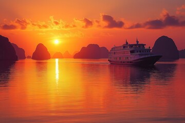 Obraz premium Sunset cruise on calm waters around limestone islands in Halong Bay, Vietnam