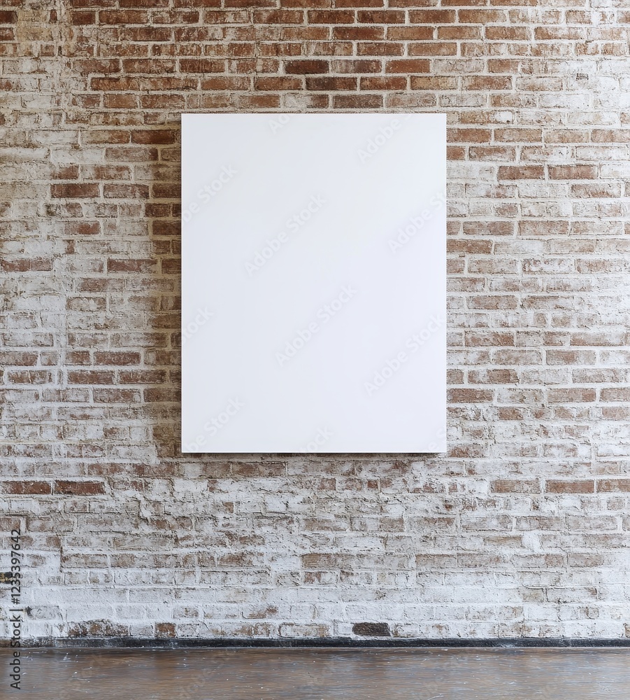 Poster a minimalist white canvas hangs against a textured brick wall, creating a stark contrast and an invi