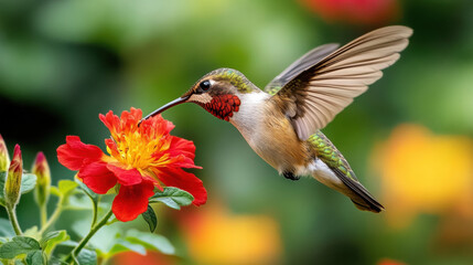 Fototapeta premium Adonis garden, A hummingbird hovers over an Adonis flower, showcasing nature's beauty in high fidelity image format.