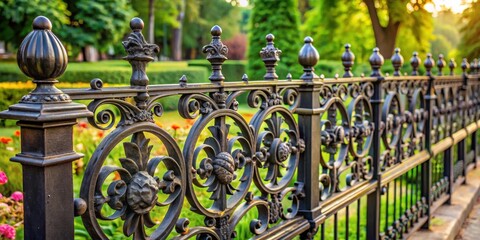 Decorative cast iron fence with intricate designs and ornate details surrounding a serene garden landscape , wilderness