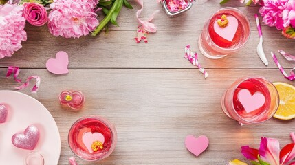 A vibrant arrangement of pink flowers and heart-shaped drinks, perfect for celebrations and romantic occasions.