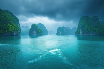 Serenity over emerald waters with dramatic cliffs in a misty seascape at dawn