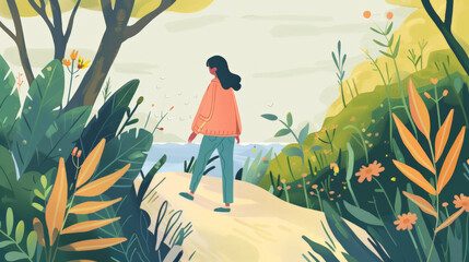 person walking through lush landscape during lunch break, enjoying nature