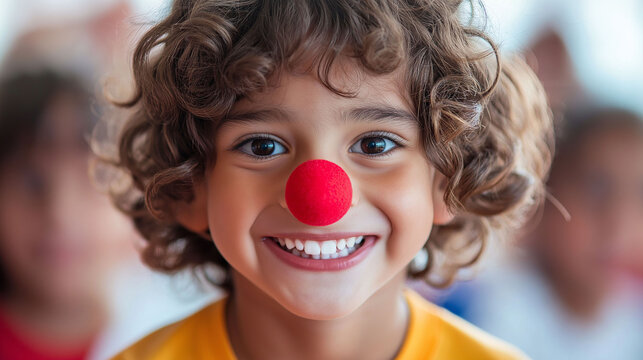 Latino boy, with curly hair, who just stands out from his friends, and wears a red clown nose