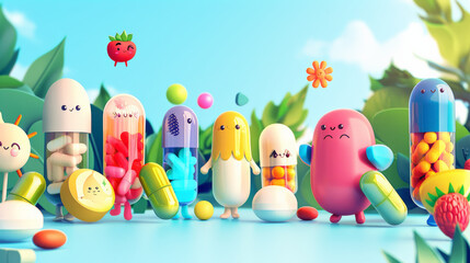 Obraz premium Cute cartoon characters representing various vitamins and supplements
