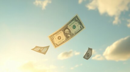 One Dollar Bill Floating in Sky with Soft Clouds and Blue Background
