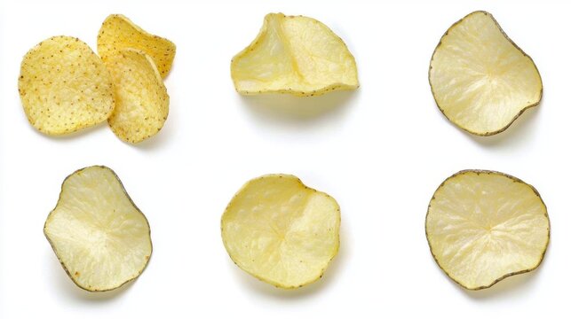 Assorted Crunchy Potato Chips on White Background with Various Shapes and Textures Displayed