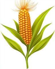 Obraz premium Bright Yellow Corn Cob with Green Leaves on a White Background for Agricultural and Food Illustrations
