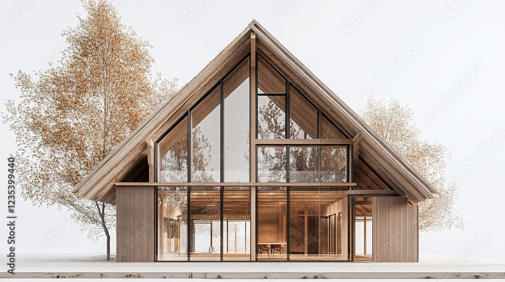 Poster modern a-frame cabin with large windows and a thatched roof surrounded by trees