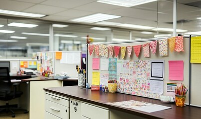 Decorated cubicle in a bright office workspace