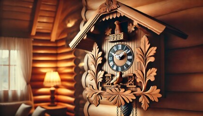 Traditional cuckoo clock hanging on log cabin wall showing time